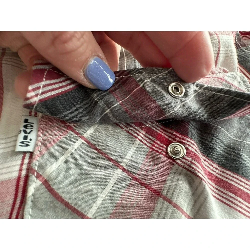 Levis Mens 3XL Shirt Pearl Snap Red Gray Multi Plaid Cotton Blend Long Sleeve L7